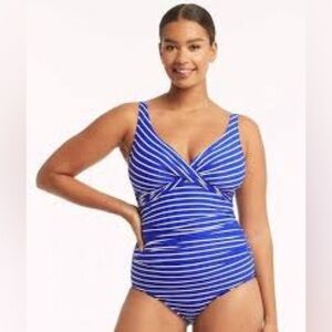 Bal Harbour blue striped cross bust ruched modest one piece swimsuit, 18.